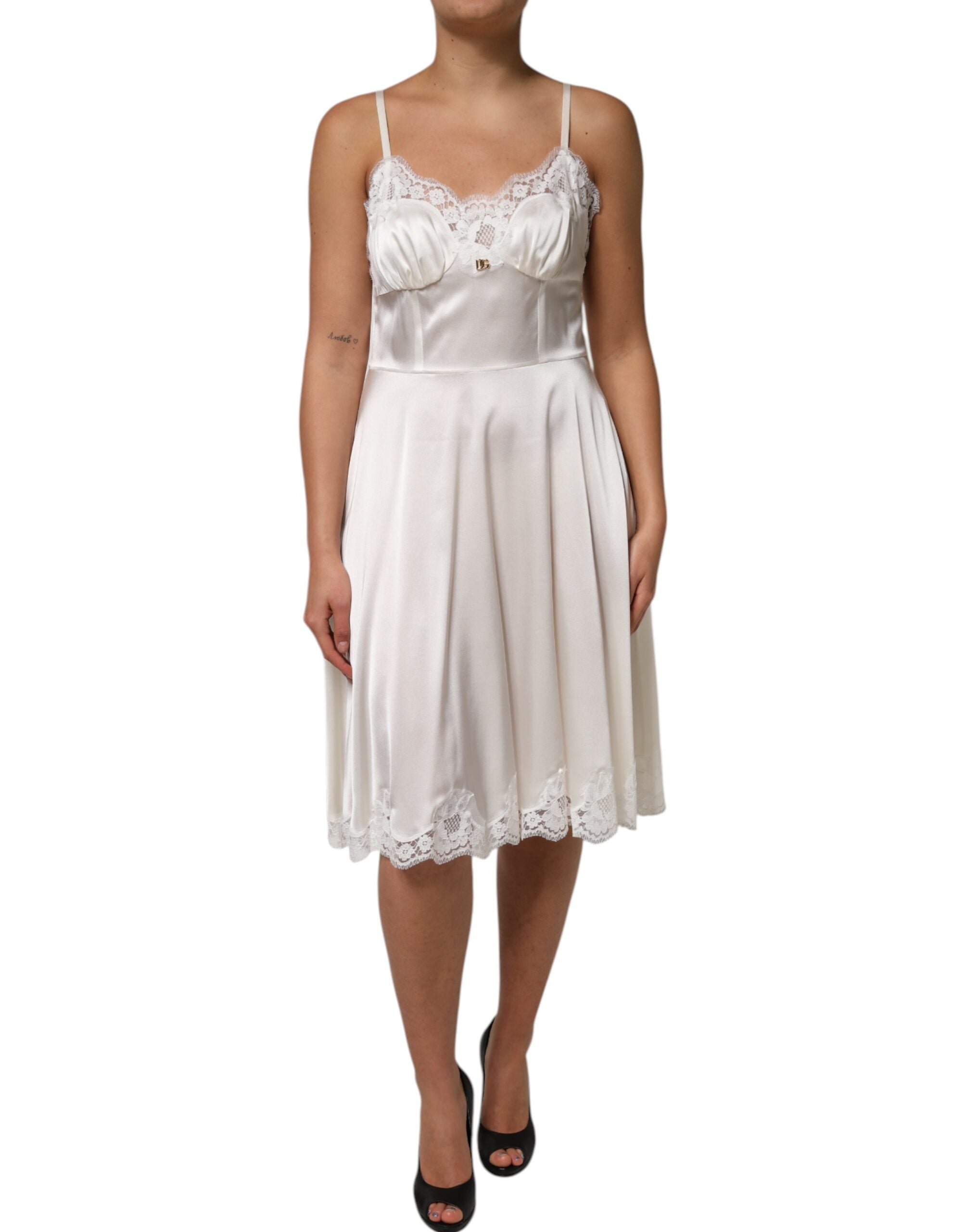 White Lace DG Logo Silk Dress Sleepwear